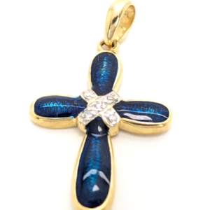 14K Gold 1" Pendant Blue Enamel Dia Accent Cross P733- FOX1585