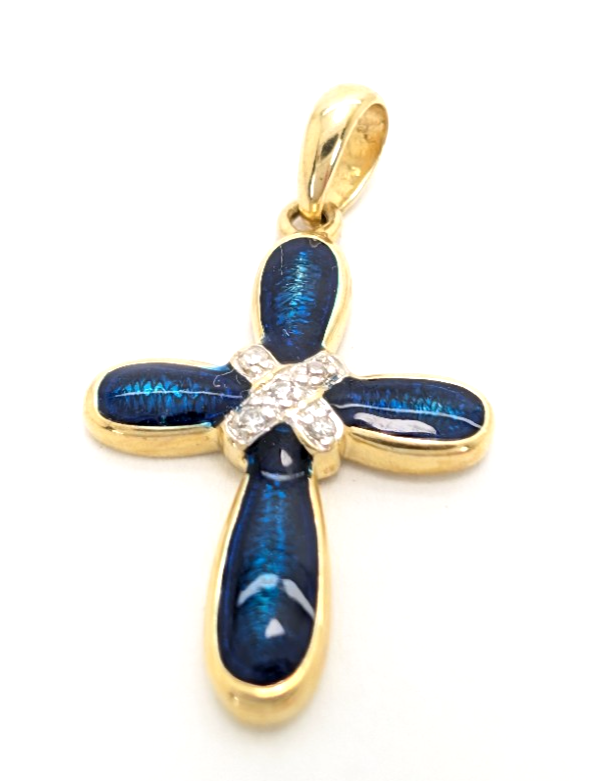 14K Gold 1" Pendant Blue Enamel Dia Accent Cross P733- FOX1585