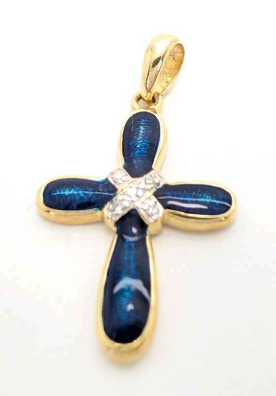 14K Gold 1" Pendant Blue Enamel Dia Accent Cross P733- FOX1585 - Image 2