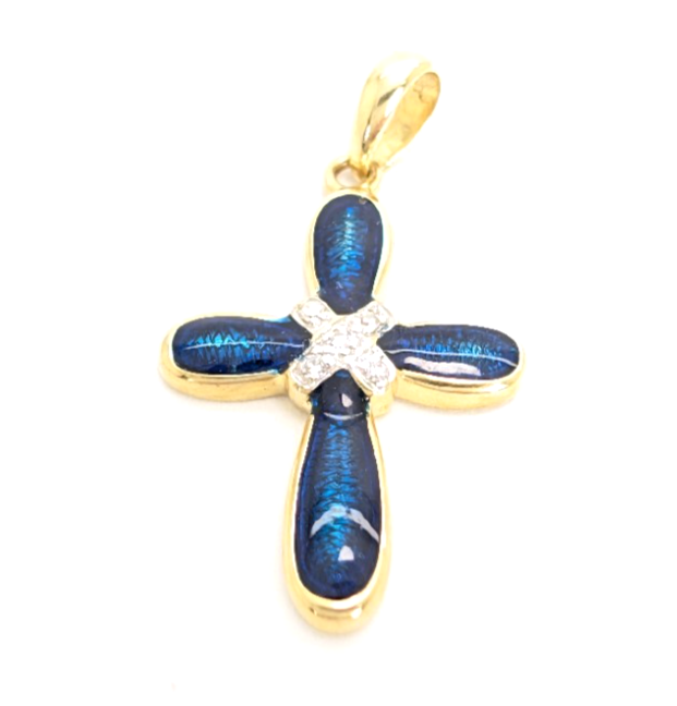 14K Gold 1" Pendant Blue Enamel Dia Accent Cross P733- FOX1585 - Image 3