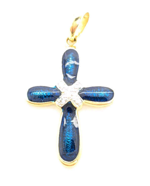 14K Gold 1" Pendant Blue Enamel Dia Accent Cross P733- FOX1585 - Image 4
