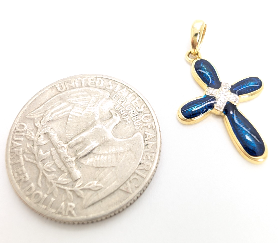 14K Gold 1" Pendant Blue Enamel Dia Accent Cross P733- FOX1585 - Image 9