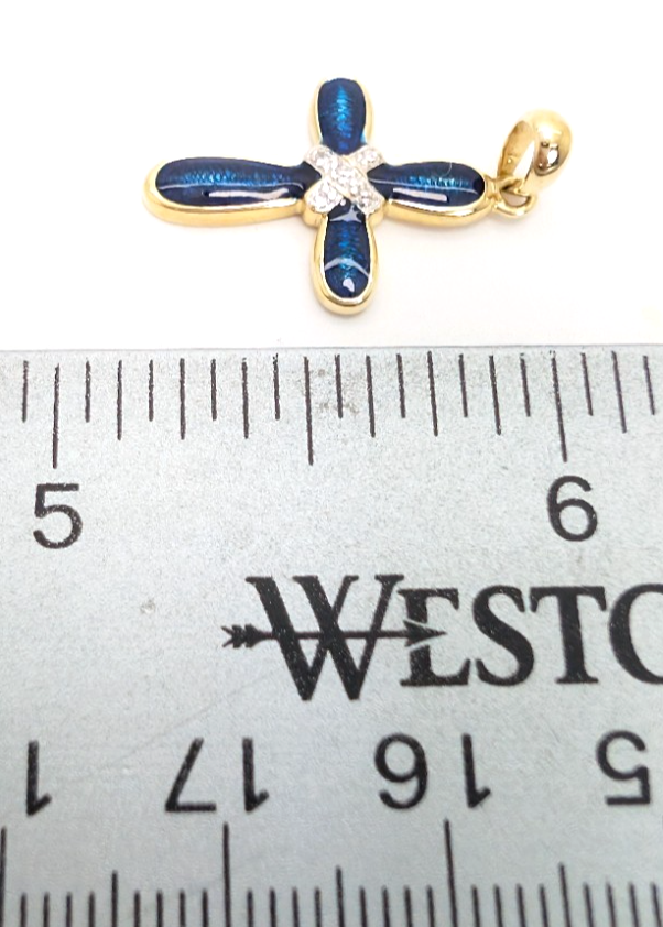 14K Gold 1" Pendant Blue Enamel Dia Accent Cross P733- FOX1585 - Image 13