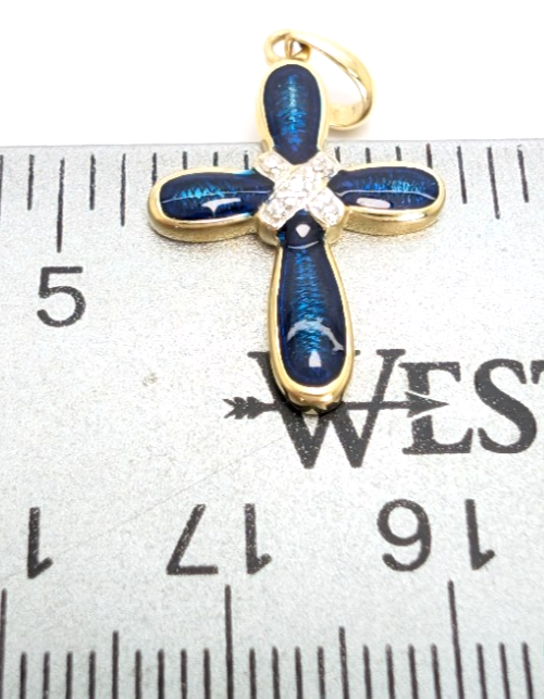 14K Gold 1" Pendant Blue Enamel Dia Accent Cross P733- FOX1585 - Image 14