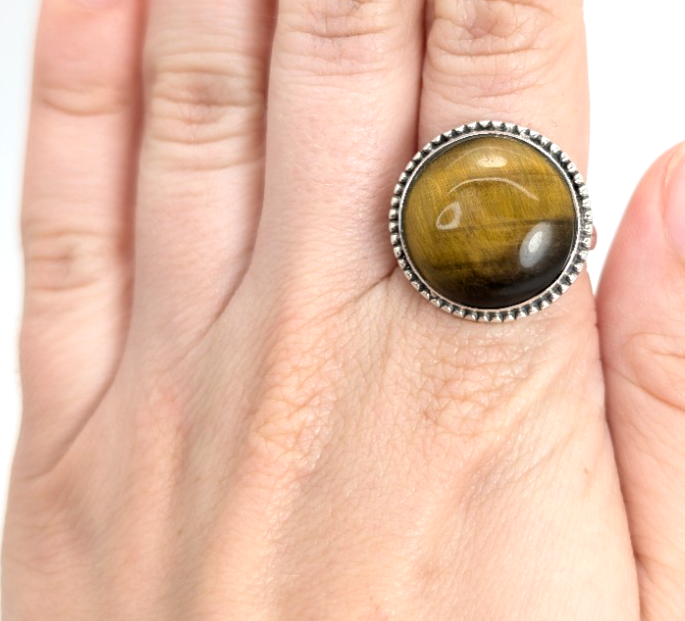 Sterling Silver 925 Beaded Framed Tiger's Eye Ring 10761 - Image 6