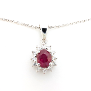 18K White Gold Diamonds & Ruby Halo Pendant Necklace OAK301