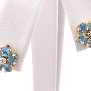 14K Yellow Gold Blue Topaz Flower Studs with Diamond Center Earrings Oak732