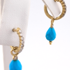 18k Yellow Gold Huggie Hoops with Turquoise & Diamonds OAK602