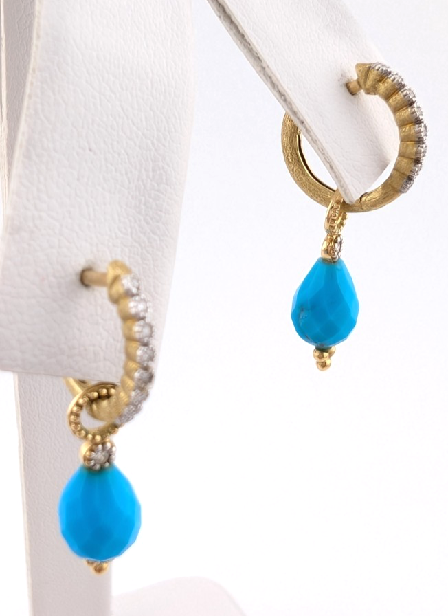 18k Yellow Gold Huggie Hoops with Turquoise & Diamonds OAK602