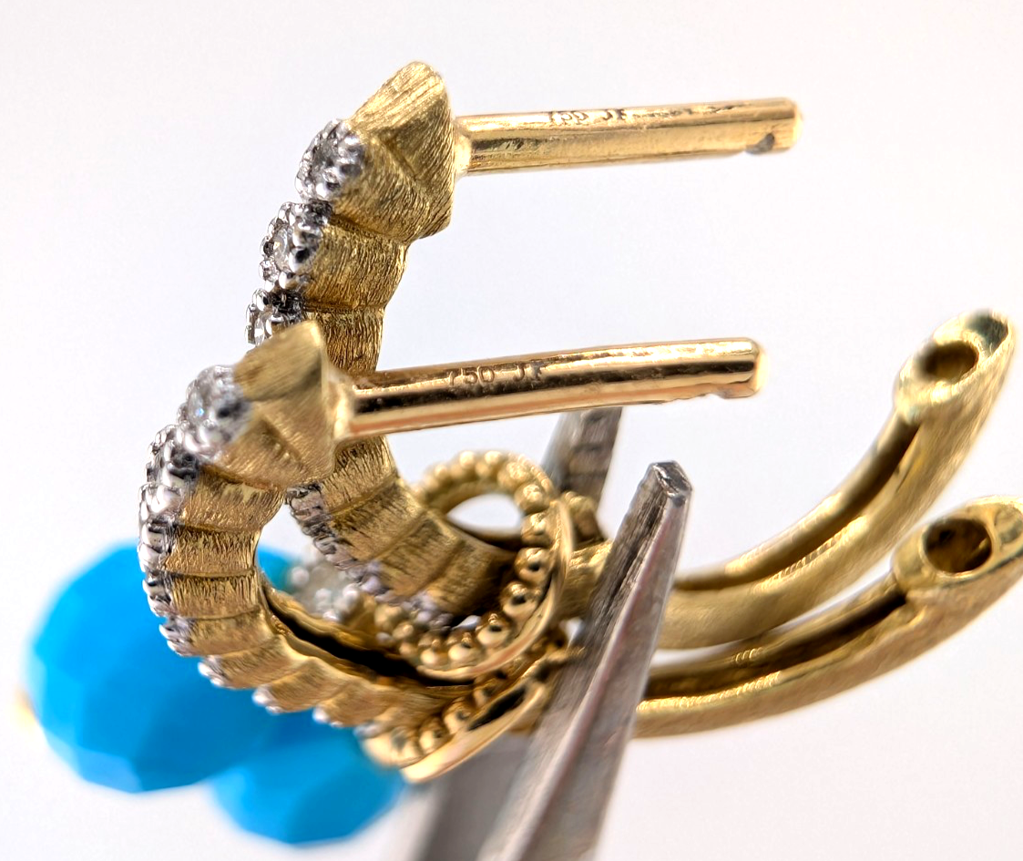 18k Yellow Gold Huggie Hoops with Turquoise & Diamonds OAK602 - Image 3