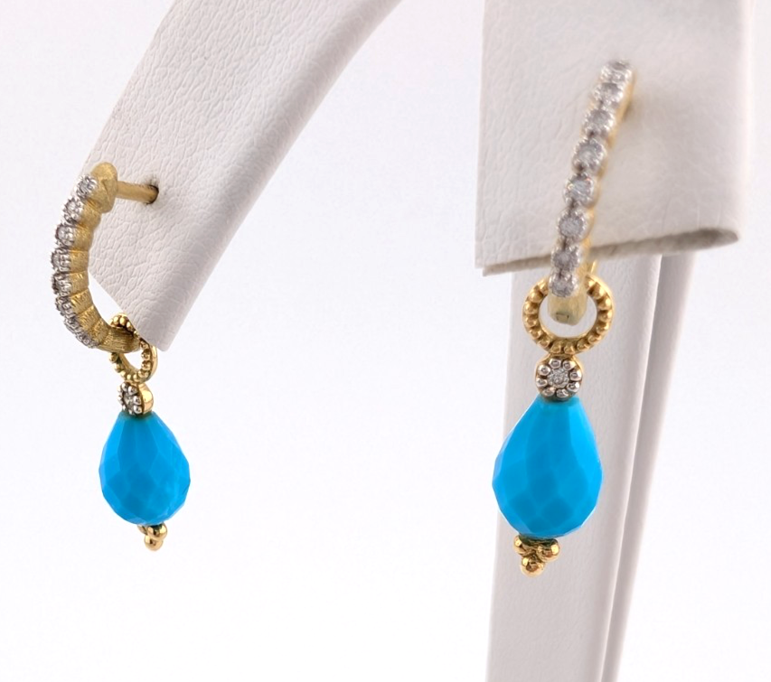 18k Yellow Gold Huggie Hoops with Turquoise & Diamonds OAK602 - Image 4