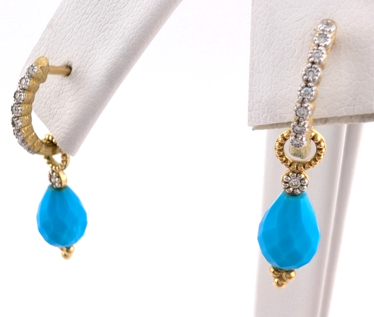 18k Yellow Gold Huggie Hoops with Turquoise & Diamonds OAK602 - Image 5