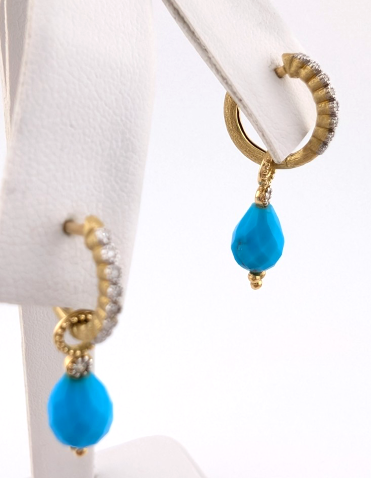 18k Yellow Gold Huggie Hoops with Turquoise & Diamonds OAK602 - Image 6
