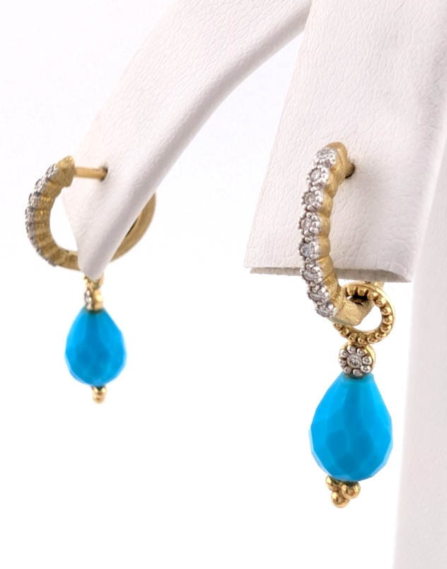 18k Yellow Gold Huggie Hoops with Turquoise & Diamonds OAK602 - Image 7
