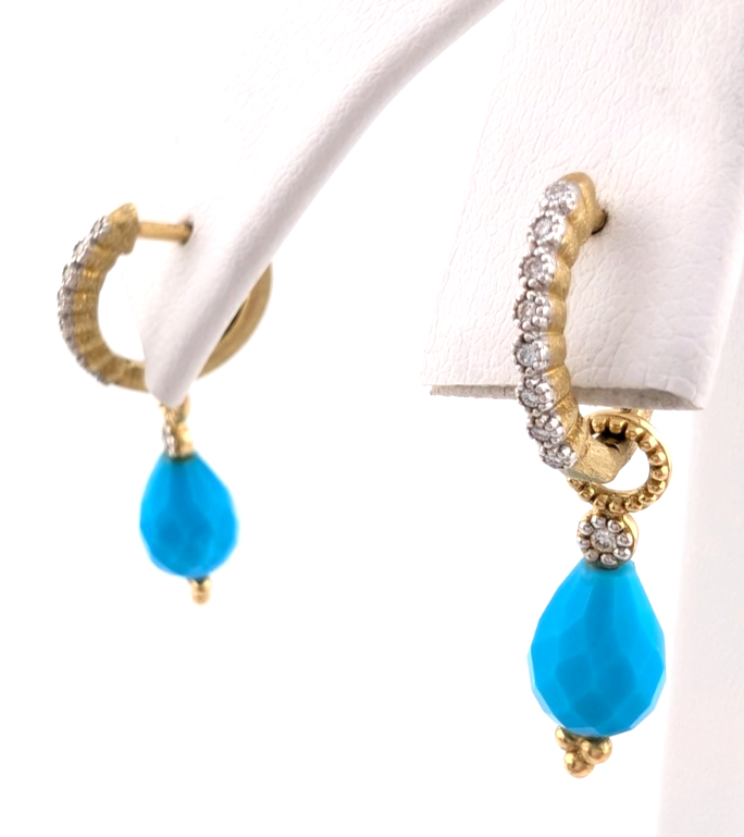 18k Yellow Gold Huggie Hoops with Turquoise & Diamonds OAK602 - Image 8