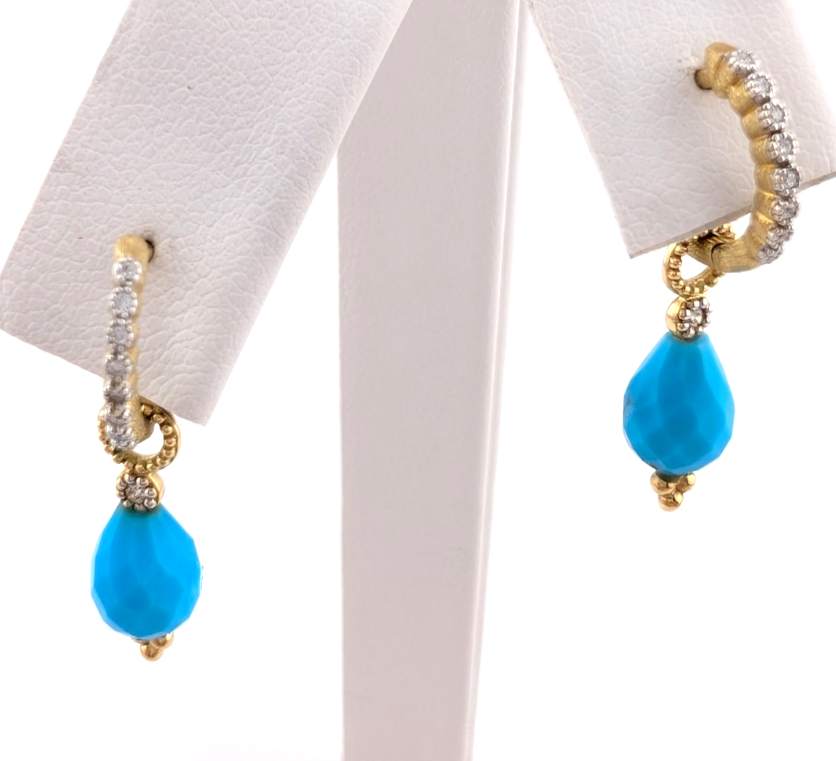 18k Yellow Gold Huggie Hoops with Turquoise & Diamonds OAK602 - Image 9