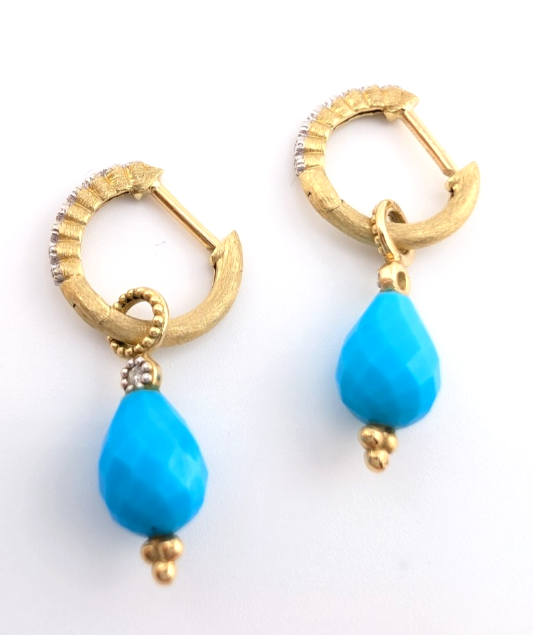 18k Yellow Gold Huggie Hoops with Turquoise & Diamonds OAK602 - Image 10