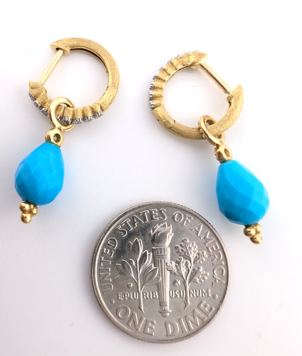 18k Yellow Gold Huggie Hoops with Turquoise & Diamonds OAK602 - Image 12