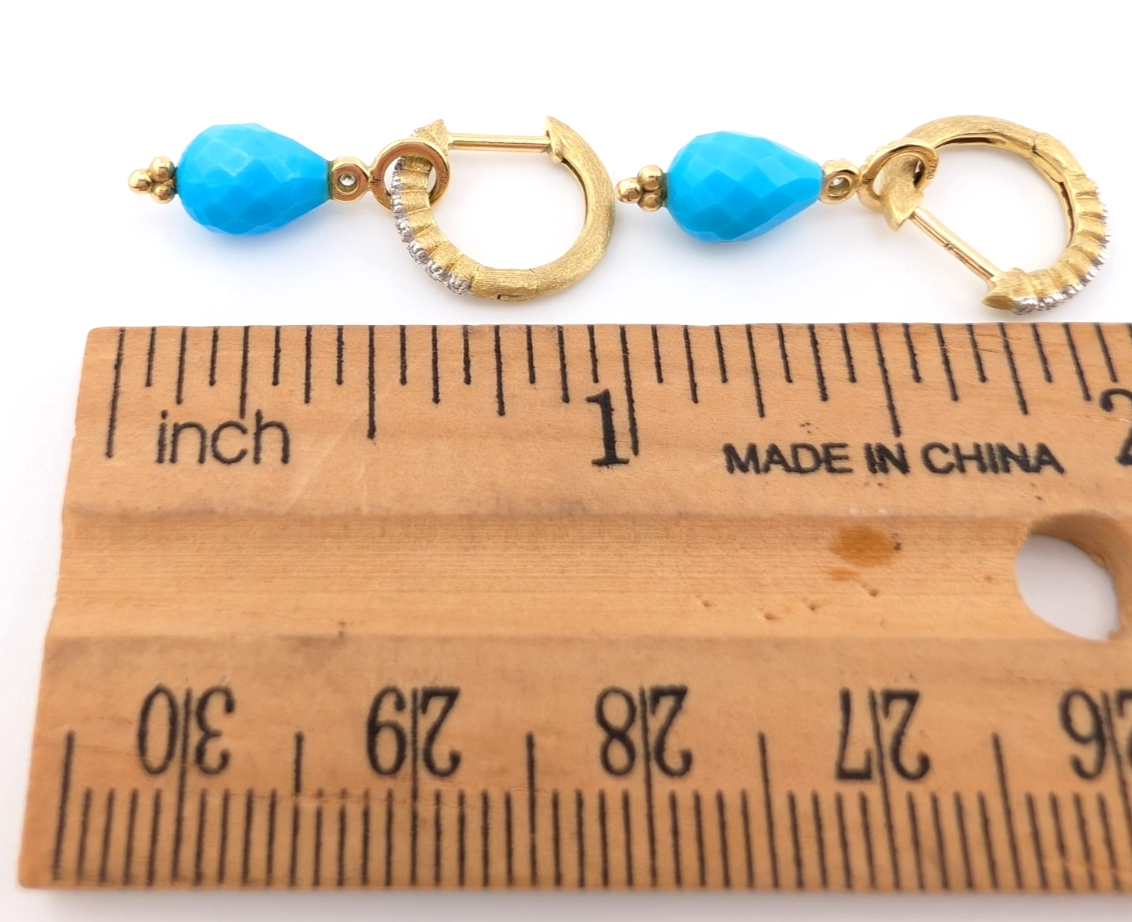 18k Yellow Gold Huggie Hoops with Turquoise & Diamonds OAK602 - Image 13