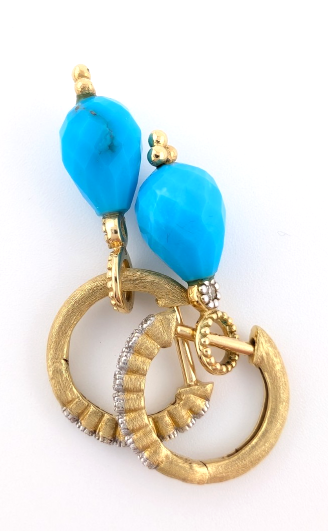 18k Yellow Gold Huggie Hoops with Turquoise & Diamonds OAK602 - Image 14