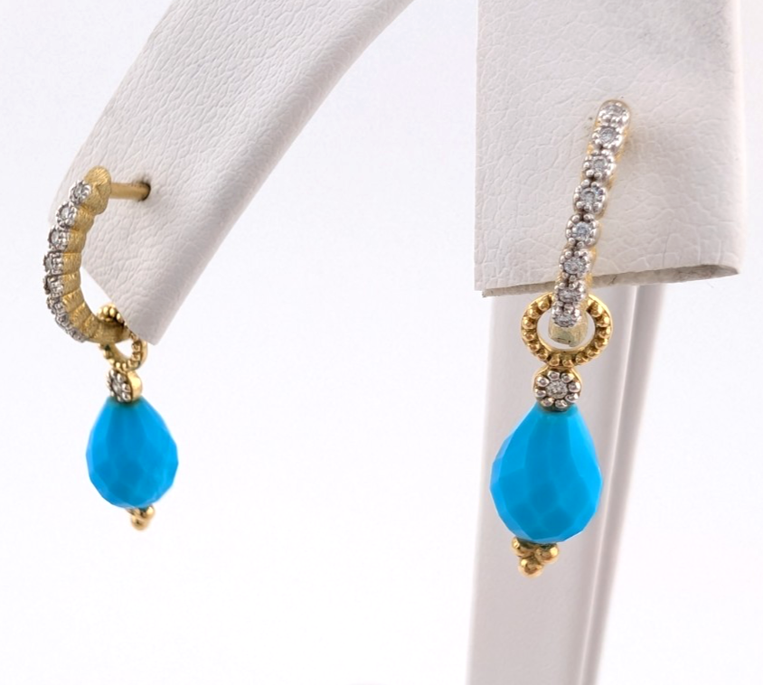 18k Yellow Gold Huggie Hoops with Turquoise & Diamonds OAK602 - Image 15