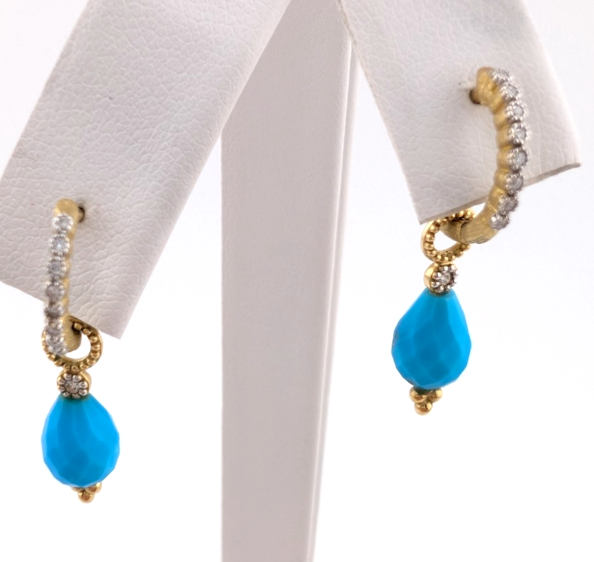 18k Yellow Gold Huggie Hoops with Turquoise & Diamonds OAK602 - Image 16