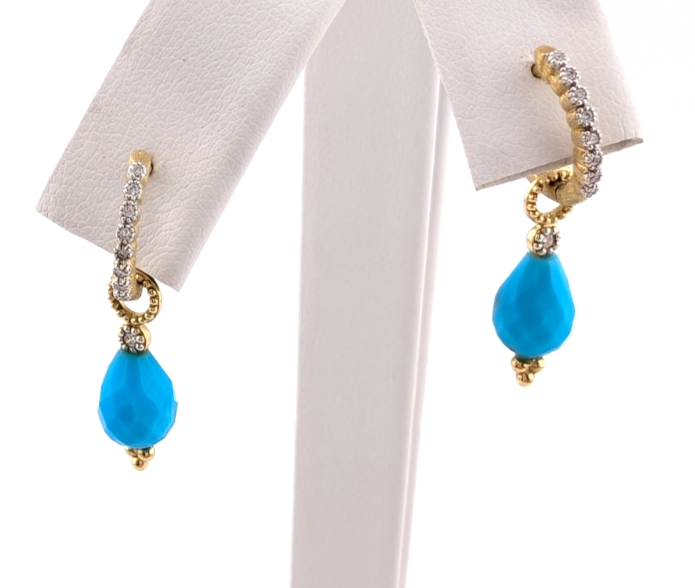 18k Yellow Gold Huggie Hoops with Turquoise & Diamonds OAK602 - Image 18