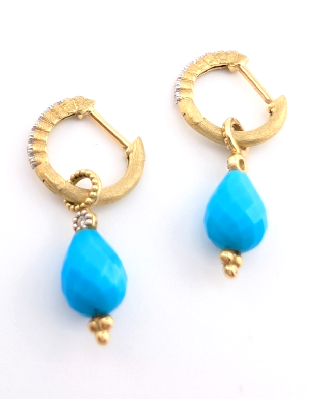 18k Yellow Gold Huggie Hoops with Turquoise & Diamonds OAK602 - Image 19