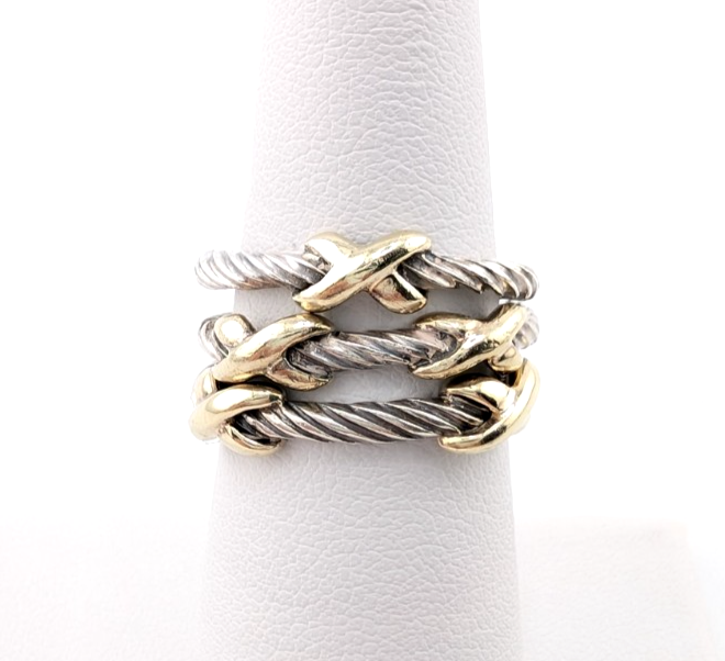 David Yurman Sterling Silver 925 14K Signature X Set of 3 Stack Rings Oak640