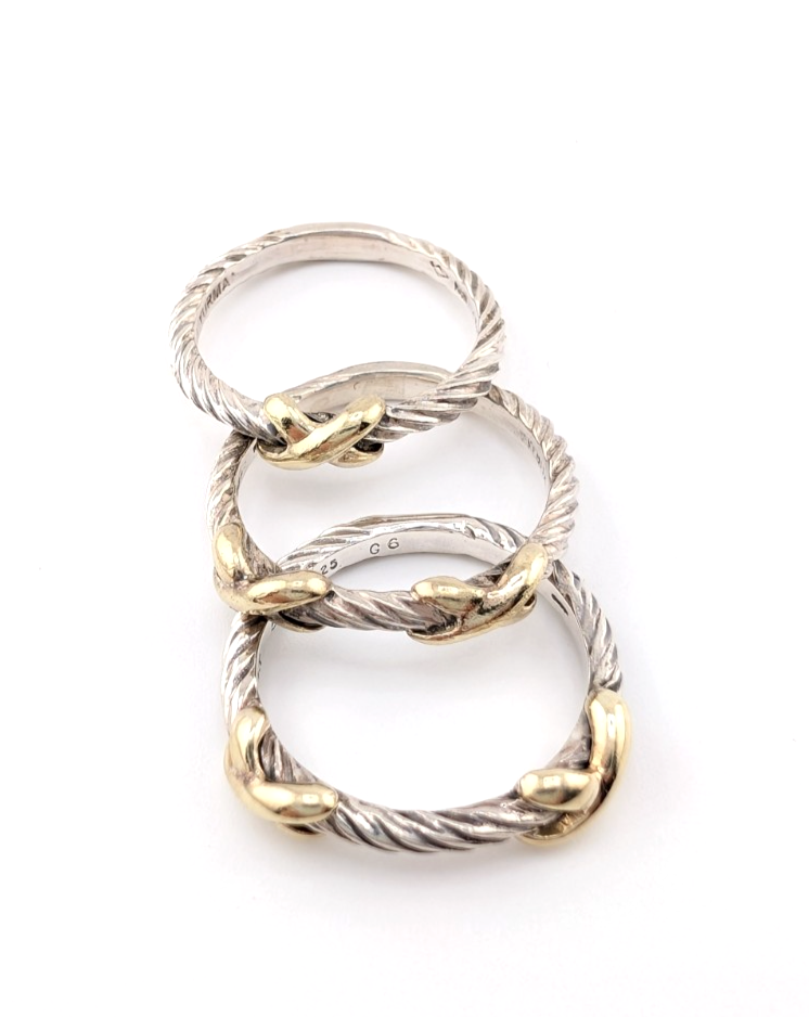 David Yurman Sterling Silver 925 14K Signature X Set of 3 Stack Rings Oak640 - Image 8