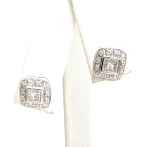 14K White Gold Earrings 1/2 ctw Princess Halo Studs  P963- OAK367