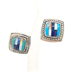 Sterling Silver 925 Earrings Relios Inlay Multi Stone Square 12667