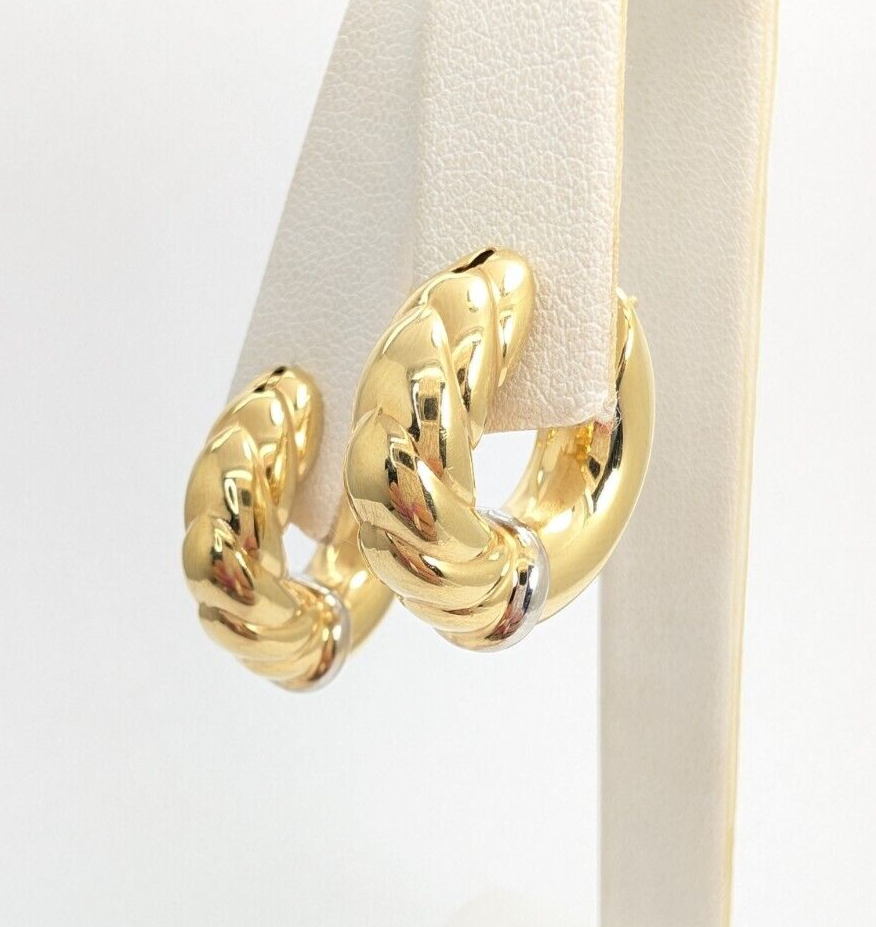 14K Two-tone Gold 3/4" Ribbed Polished Hoop Earrings FOX57 - Image 3