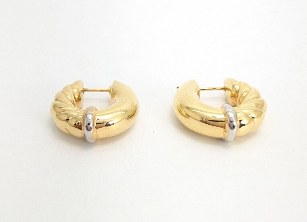 14K Two-tone Gold 3/4" Ribbed Polished Hoop Earrings FOX57 - Image 5