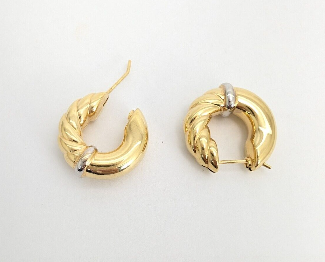 14K Two-tone Gold 3/4" Ribbed Polished Hoop Earrings FOX57 - Image 7