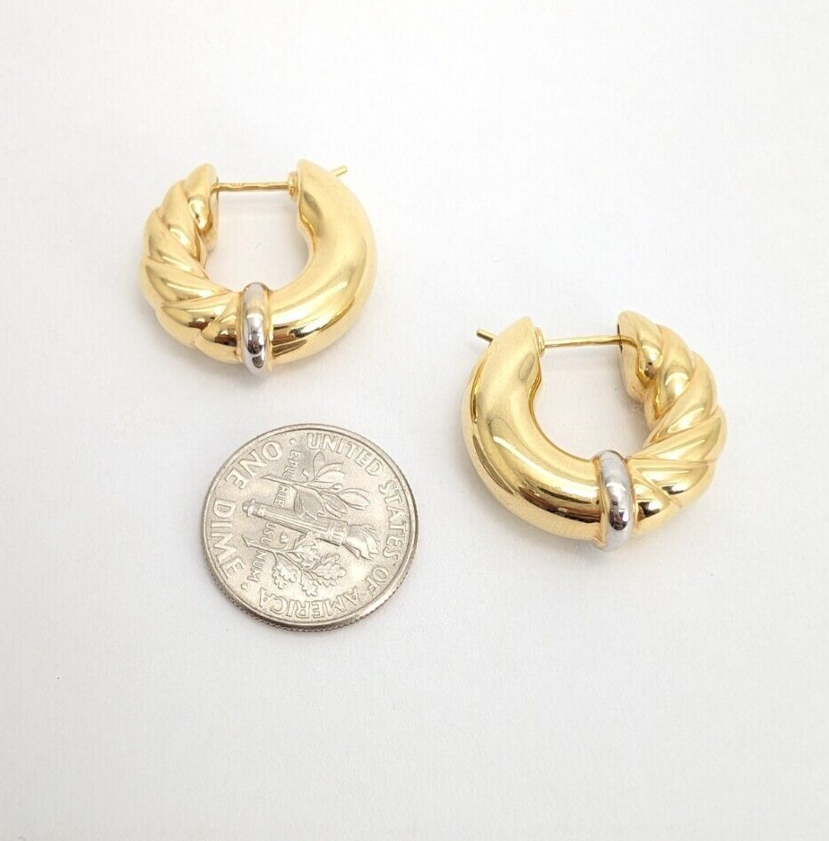 14K Two-tone Gold 3/4" Ribbed Polished Hoop Earrings FOX57 - Image 8