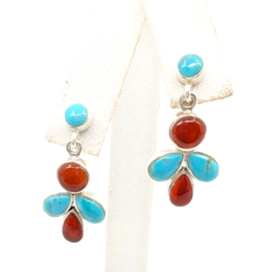 Sterling Silver 925 1 1/8" Earrings Turquoise & Carelian Dangle 12669
