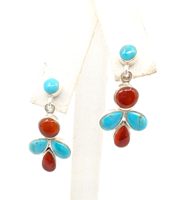 Sterling Silver 925 1 1/8" Earrings Turquoise & Carelian Dangle 12669