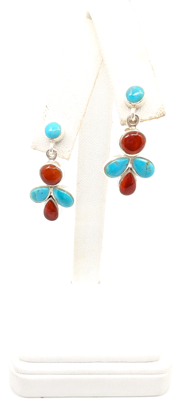 Sterling Silver 925 1 1/8" Earrings Turquoise & Carelian Dangle 12669 - Image 2