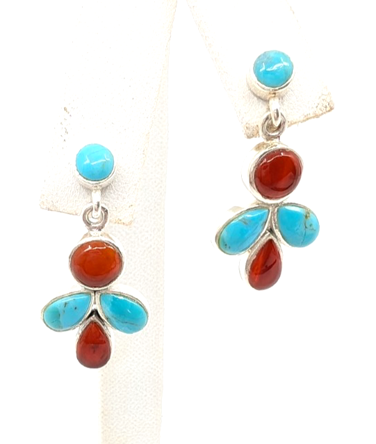 Sterling Silver 925 1 1/8" Earrings Turquoise & Carelian Dangle 12669 - Image 3