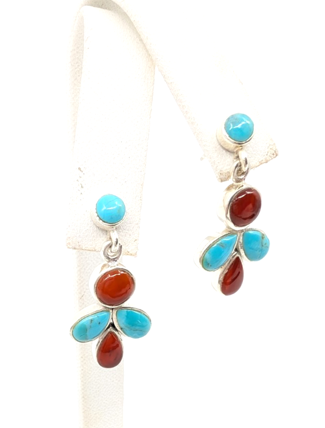 Sterling Silver 925 1 1/8" Earrings Turquoise & Carelian Dangle 12669 - Image 4