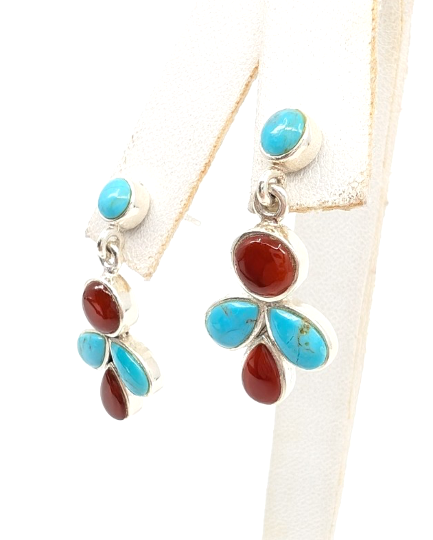 Sterling Silver 925 1 1/8" Earrings Turquoise & Carelian Dangle 12669 - Image 5