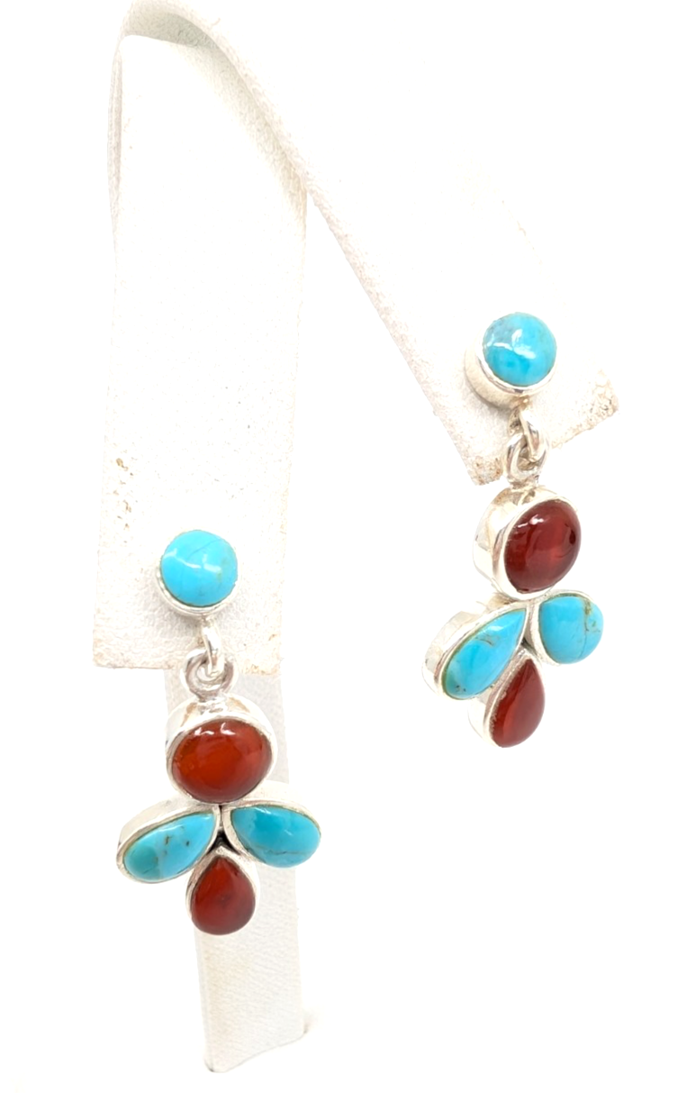 Sterling Silver 925 1 1/8" Earrings Turquoise & Carelian Dangle 12669 - Image 6