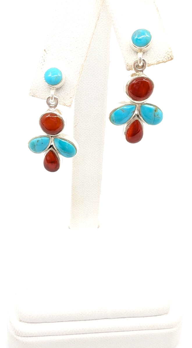 Sterling Silver 925 1 1/8" Earrings Turquoise & Carelian Dangle 12669 - Image 7