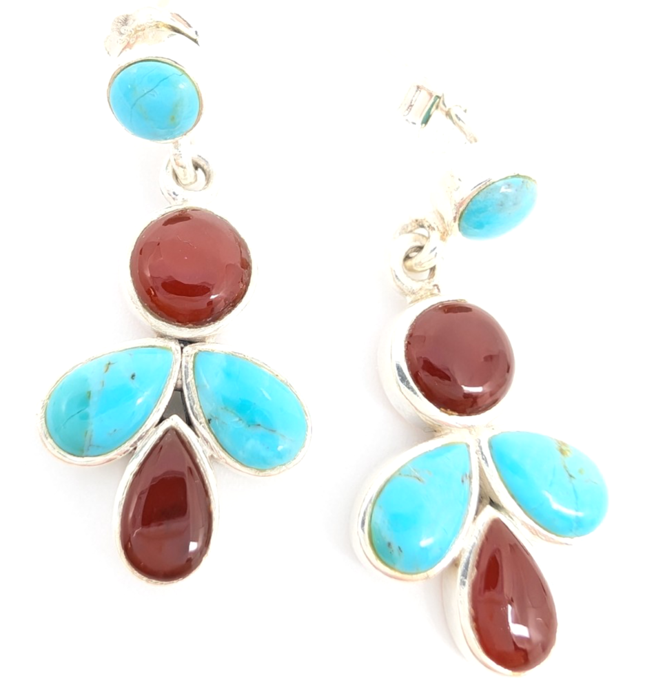 Sterling Silver 925 1 1/8" Earrings Turquoise & Carelian Dangle 12669 - Image 8