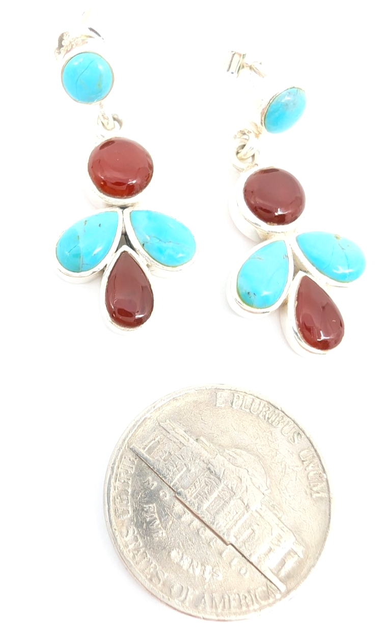 Sterling Silver 925 1 1/8" Earrings Turquoise & Carelian Dangle 12669 - Image 9