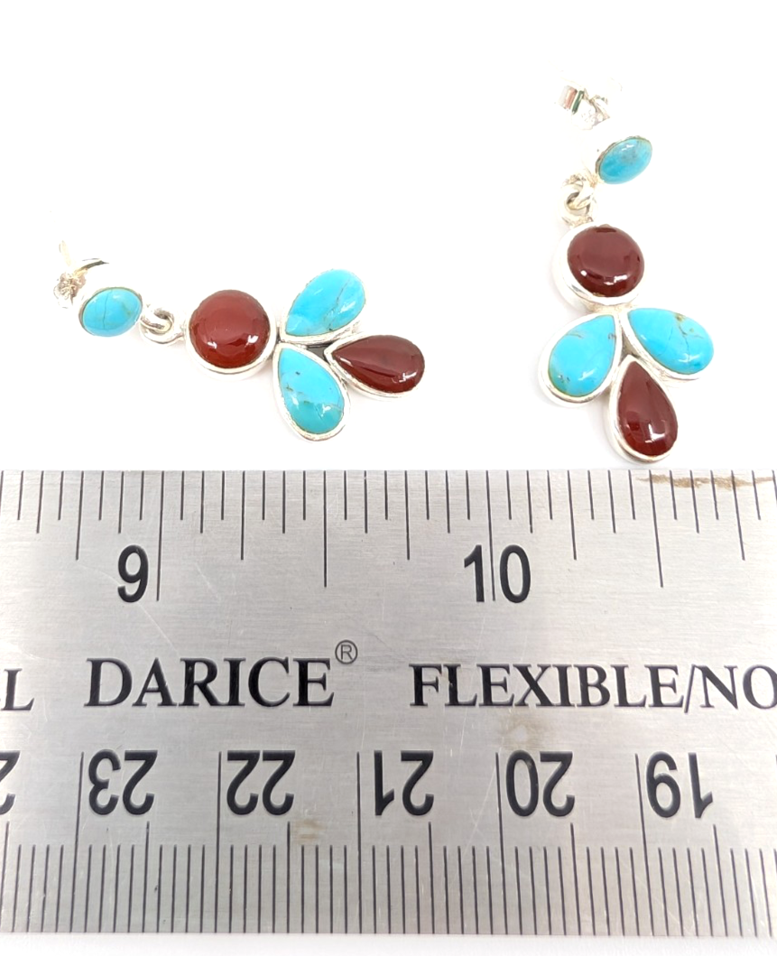 Sterling Silver 925 1 1/8" Earrings Turquoise & Carelian Dangle 12669 - Image 10