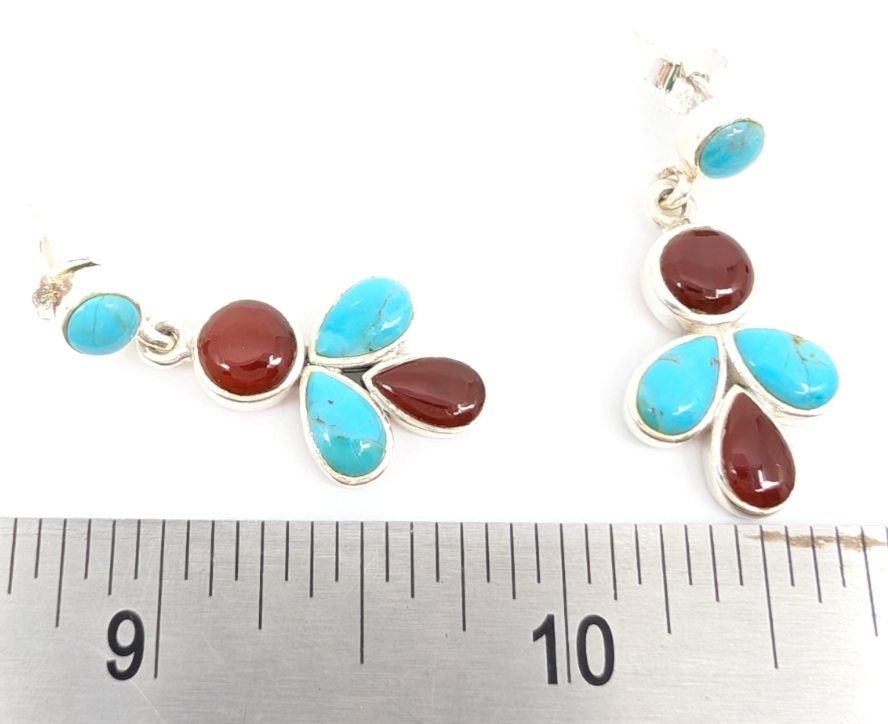 Sterling Silver 925 1 1/8" Earrings Turquoise & Carelian Dangle 12669 - Image 11