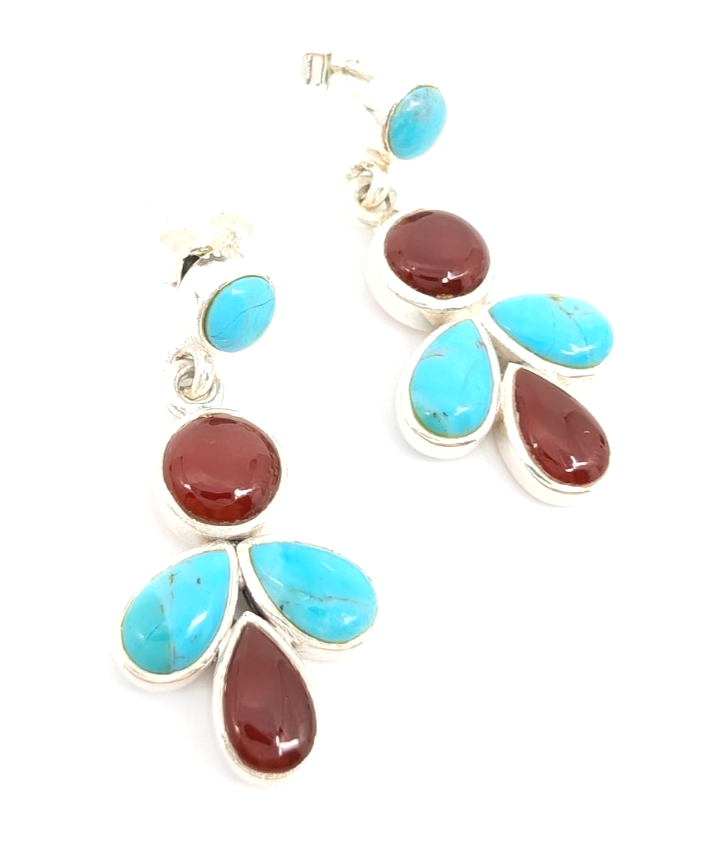 Sterling Silver 925 1 1/8" Earrings Turquoise & Carelian Dangle 12669 - Image 12