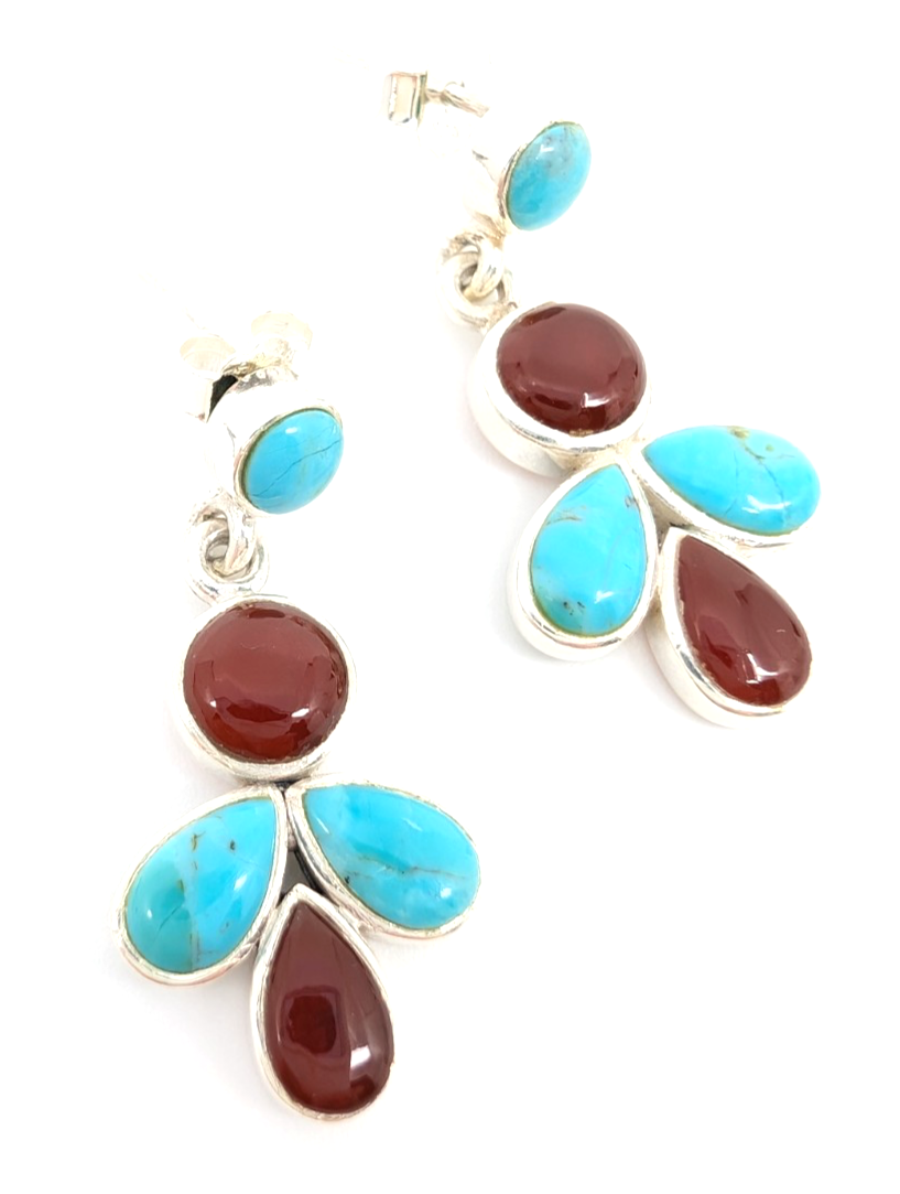Sterling Silver 925 1 1/8" Earrings Turquoise & Carelian Dangle 12669 - Image 13
